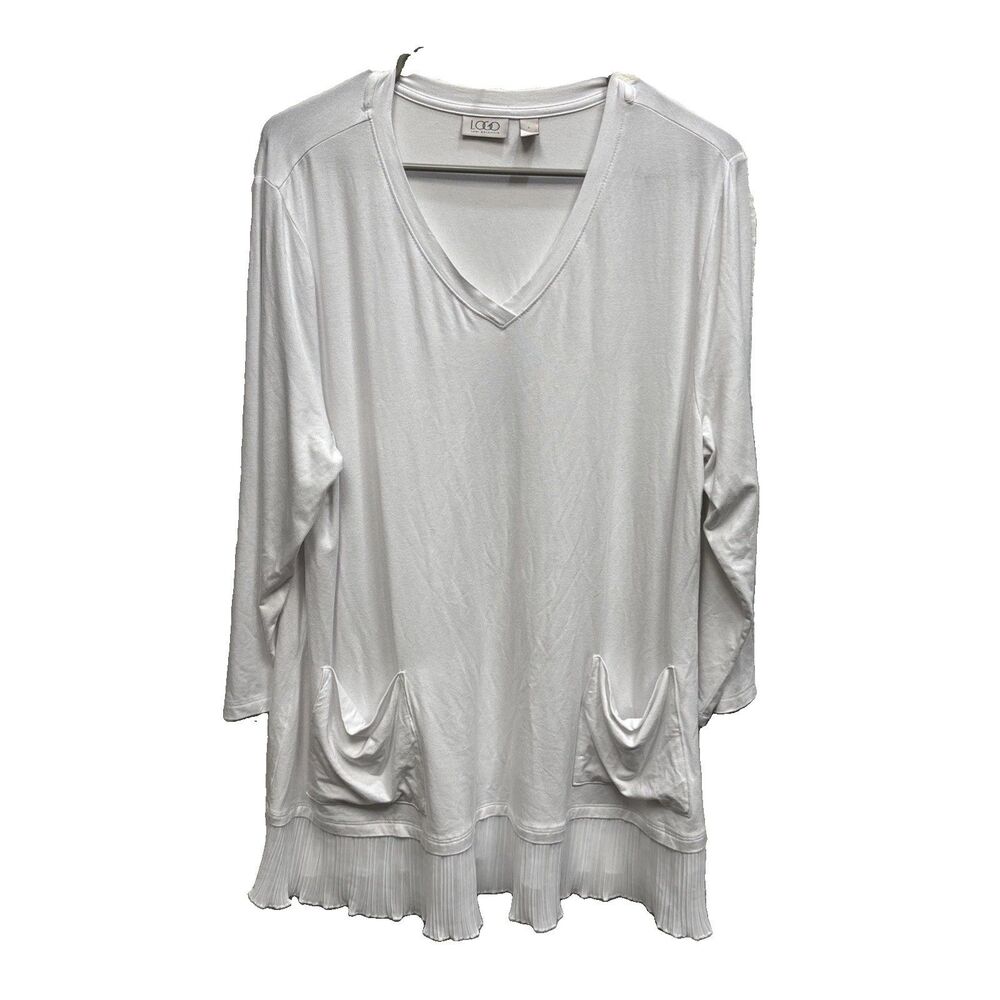 LOGO Women L White V-Neck 3/4 Sleeve Knit Tunic Top Pockets Accordion Ruffle Hem
